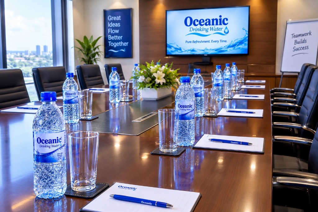 Oceanic drinking water on a boardroom table — branded bottles for meetings and events