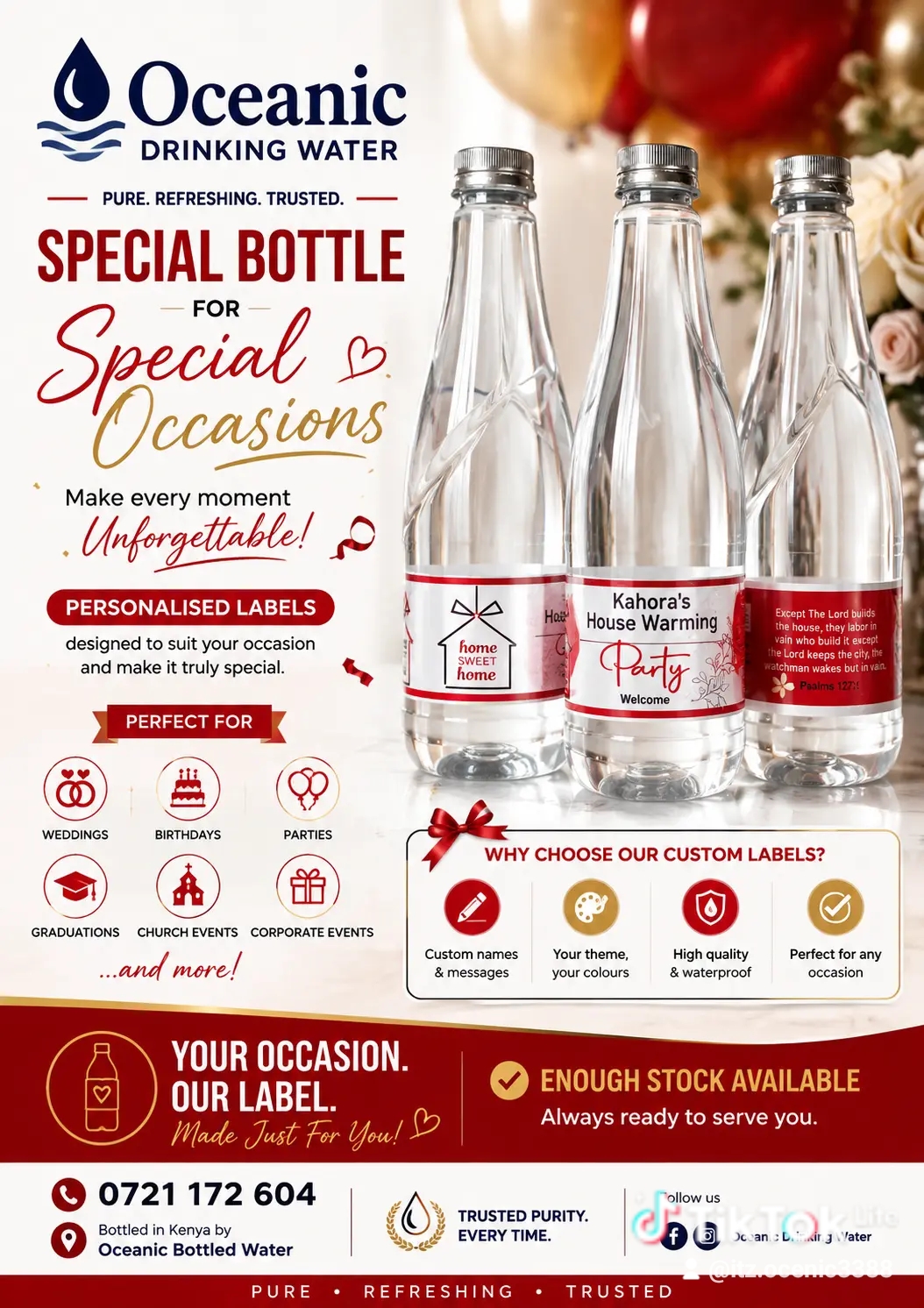 Oceanic custom labelled bottles for weddings, birthdays, and events