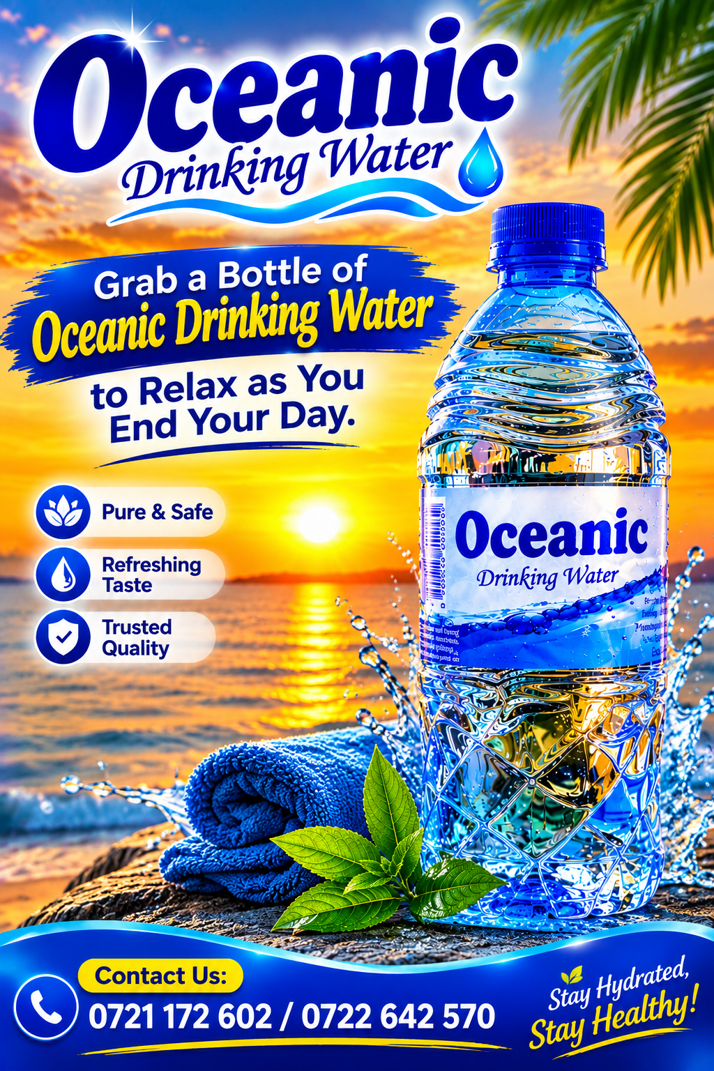 Oceanic bottled water for sport, community, and end-of-day hydration